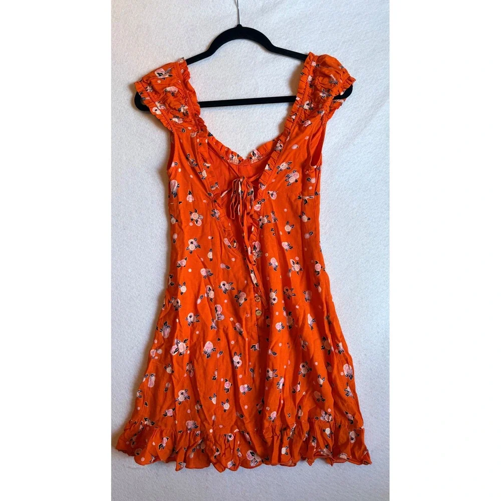 Free People Like A Lady‎ Orange Floral Ruffle Cap Sleeve Tie Back Mini Dress XS